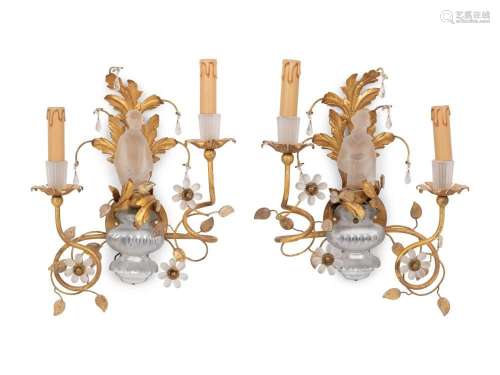 A Pair of Gilt Metal and Frosted Glass Figural Two-Light Sco...