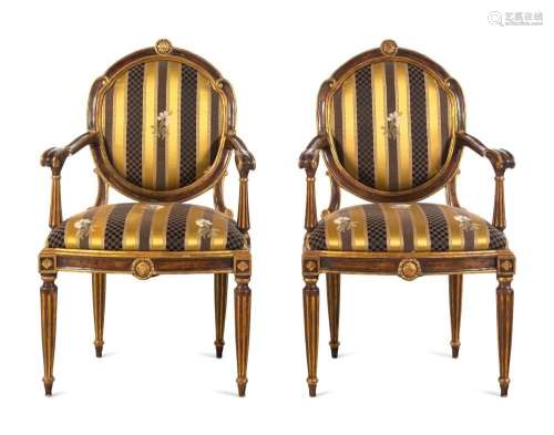 A Pair of Italian Painted and Parcel Gilt Armchairs