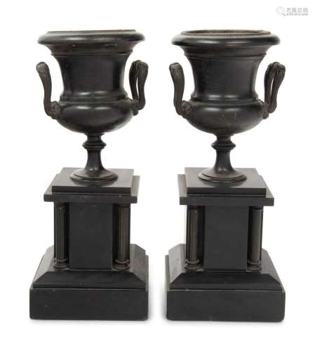 A Pair of Continental Patinated Metal Urns
