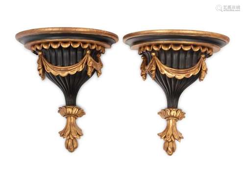 A Pair of Italian Parcel Gilt and Ebonized Wall Brackets