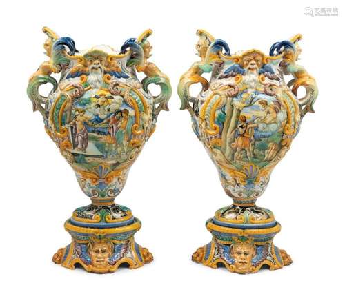 A Pair of Italian Majolica Urns