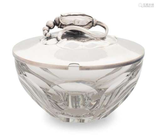 A Georg Jensen Silver Mounted Blossom Pattern Glass Jam Jar