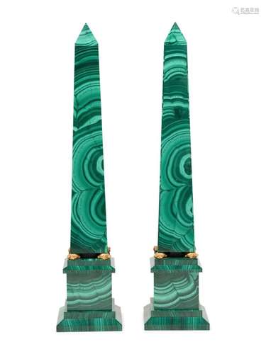 A Pair of Italian Gilt Bronze Mounted and Malachite Veneered...