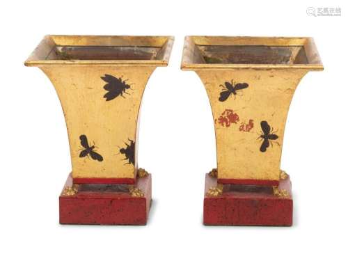 A Pair of Gilt Decorated Tole Jardinieres