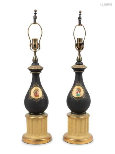 A Pair of Continental Porcelain and Giltwood Lamps