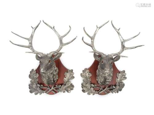 A Pair of Silvered Metal Hunting Trophies