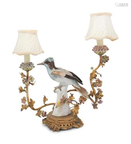 A Continental Porcelain Mounted Two-Light Lamp