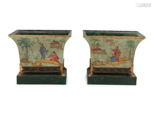 A Pair of Chinoiserie Decorated Tole Jardinieres