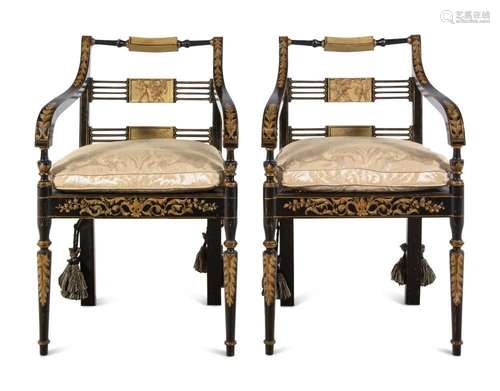 A Pair of Regency Painted and Ebonized Armchairs