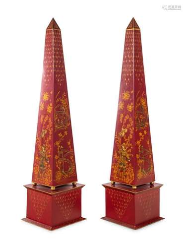 A Pair of Chinoiserie Decorated Tole Obelisks