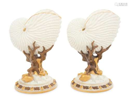 A Pair of Royal Worcester Porcelain Nautilus-Form Ornaments