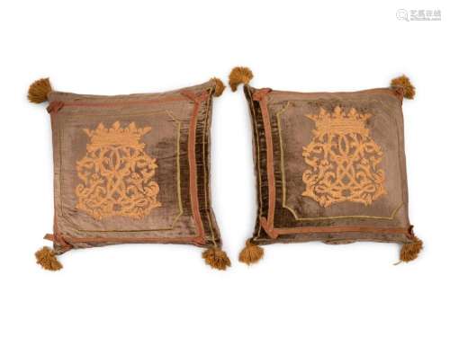 A Pair of French Embroidered Velvet Throw Pillows