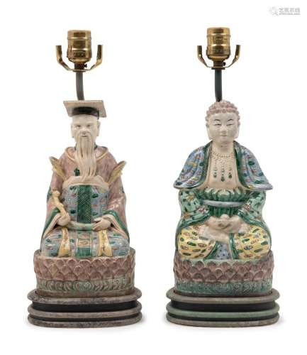 A Pair of Chinese Porcelain Figures Mounted as Lamps