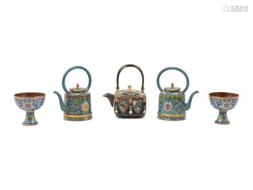 A Group of Three Cloisonne Teapots and Two Cups