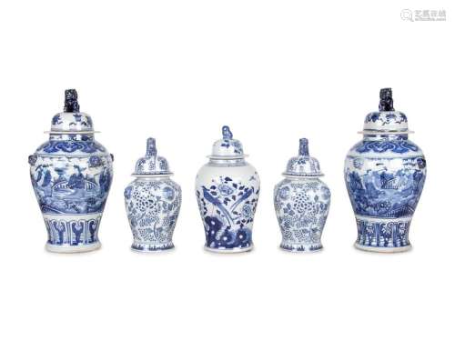 Five Blue and White Ceramic Covered Jars