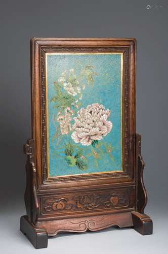 A fragrant rosewood cloisonne-inlaid peony screen