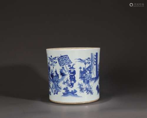 A blue and white figure porcelain brush pot