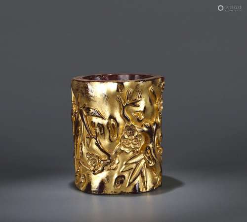 A gilt red sandalwood brush pot