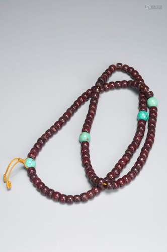 A string of 108 bodhi tree and turquoise prayer beads