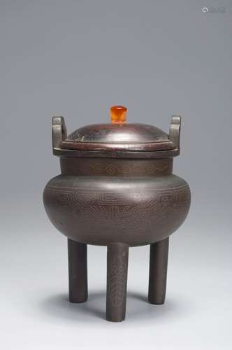 A double-eared silver-inlaid copper censer