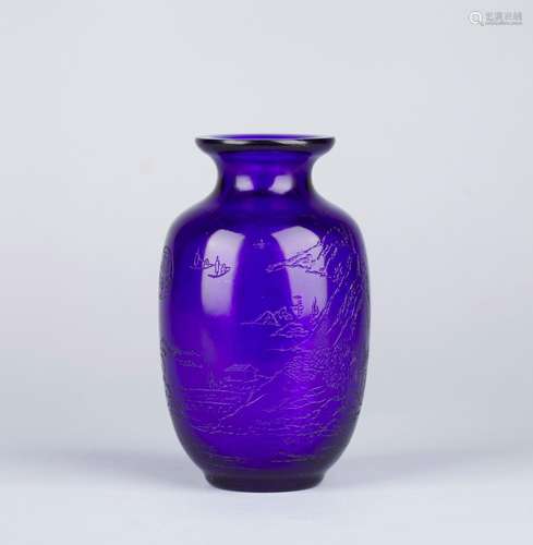 An inscribed blue glass lantern shaped vase