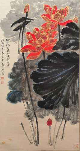 A Chinese lotus painting, Zhang Daqian mark