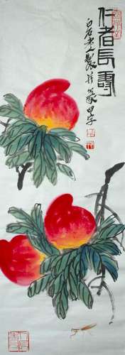 A Chinese peach painting, Qi Baishi mark