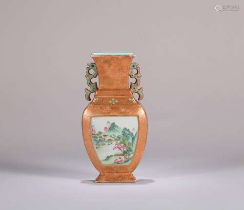 A coral red ground famille rose landscape porcelain vase