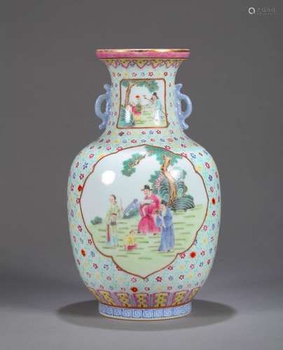 A famille rose figure porcelain double-eared vase