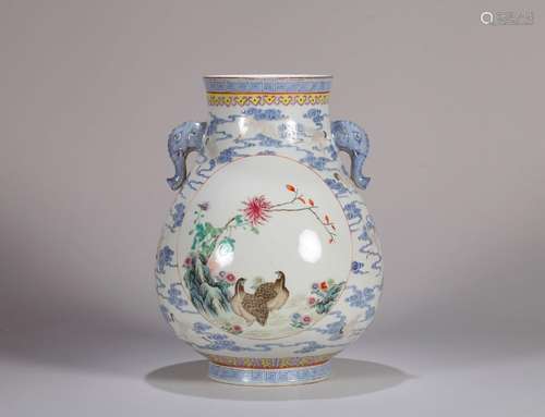 A famille rose porcelain zun with elephant head shaped ears