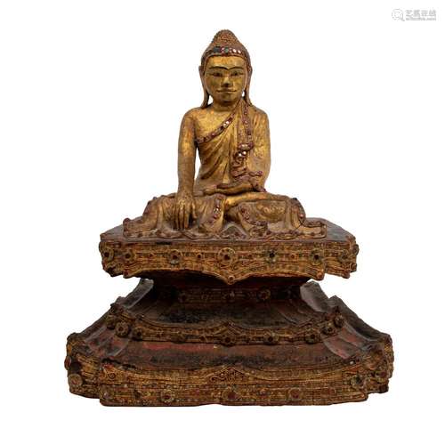 Buddha. Holz, Goldlack, Glassteine. BIRMA, MANDALAY, 20. Jh....