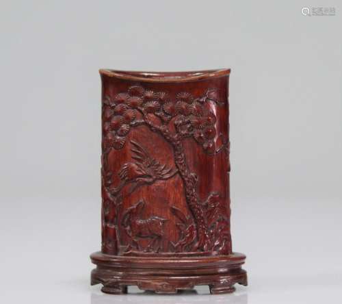 Chinese brush pot carved with deer and crane characters. Rep...