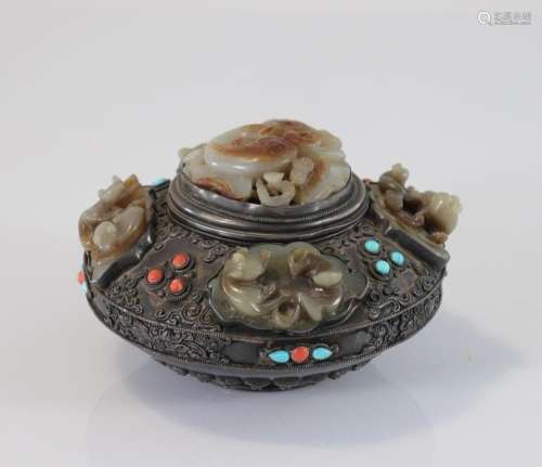 China Tibet box in agent and jades inlaid with coral and tur...