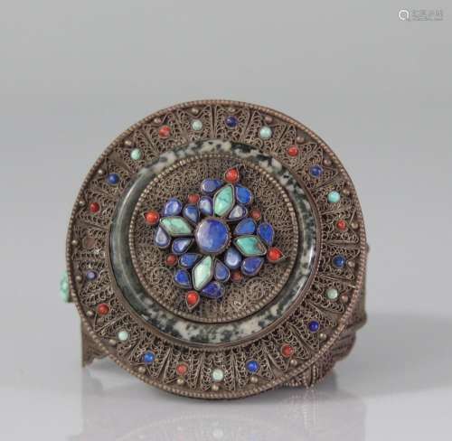 Sino-Tibetan silver box decorated with turquoise stones 19th...
