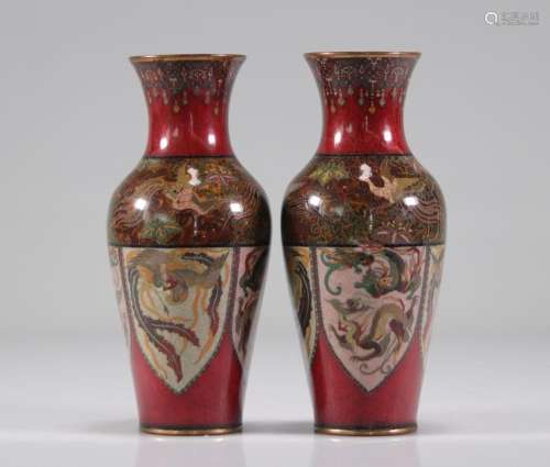 Pair of cloisonne vases decorated with dragons and phoenixes