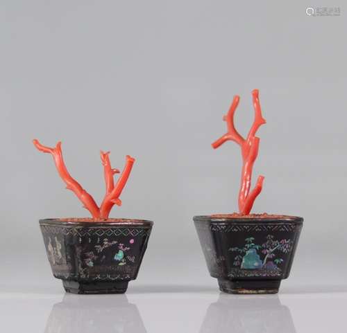 Chinese planters decorated with red corals