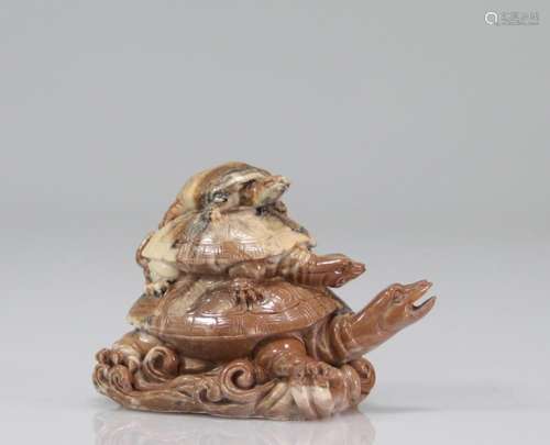 Asian sculpture of 3 turtles in hard stone