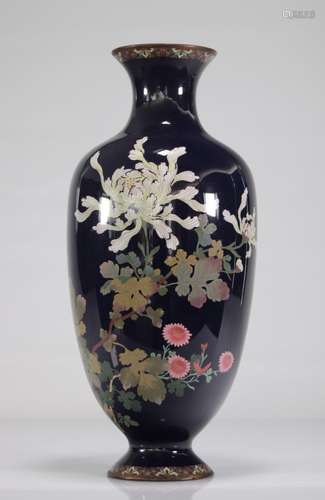 Japanese dark blue cloisonne vase with floral decoration. Me...