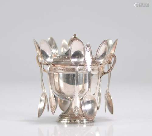 Jam pot in sterling silver and its 12 spoons