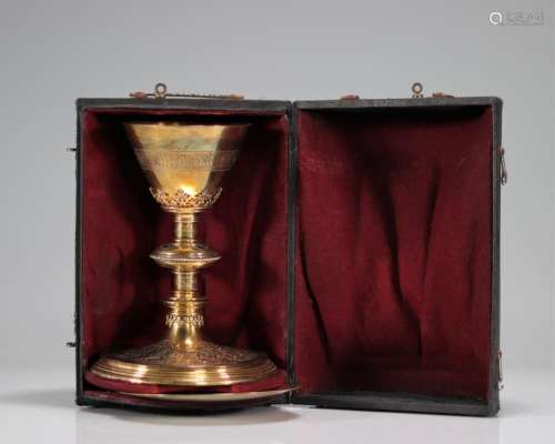 Neo-gothic silver vermeil chalice and its original case pate...