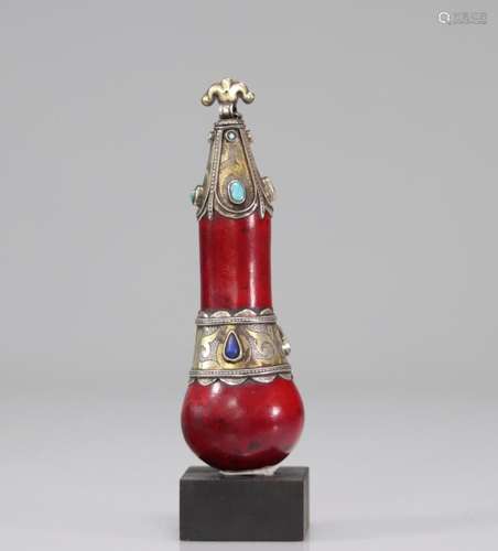 Syrian silver powder flask with turquoise inlay