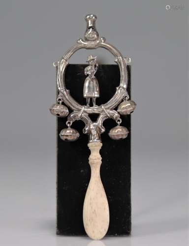 Child s rattle in solid silver "musician woman" XI...