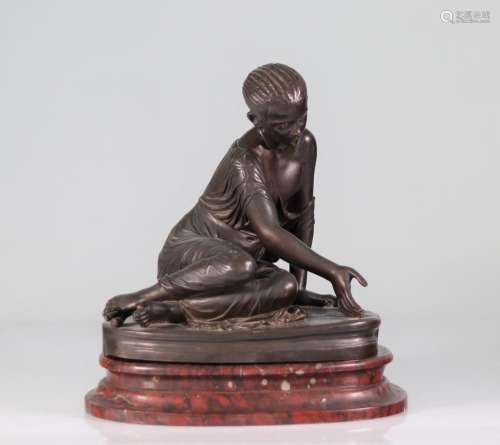 Bronze young woman playing knucklebones red marble base