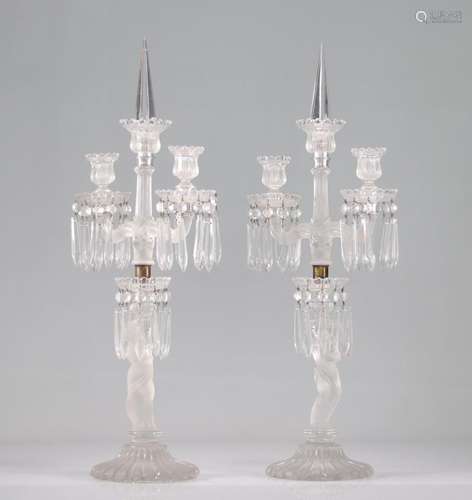 Pair of molded glass candelabras (baccarat) decorated with c...