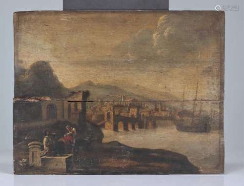 Oil on wood late 17th century "port view" in the s...