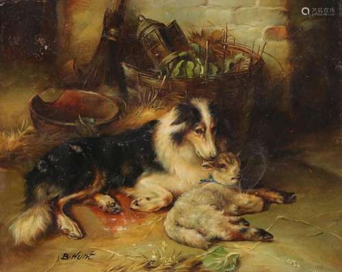 B. Hunt - Oil on wood representing a lying dog and lamb