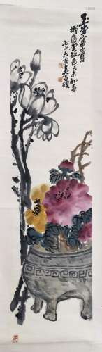 CHINESE SCROLL PAINTIGN OF FLOWER IN DING SIGNED BY WU CHANG...