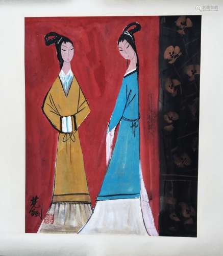 CHINESE SCROLL PAINTING OF TWO BEAUTIES SIGNED BY LIN FENGMI...