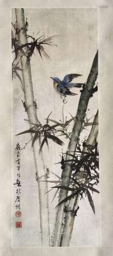 CHINESE SCROLL PAINTING OF BIRD AND BAMBOO SIGNED BY HUANG H...