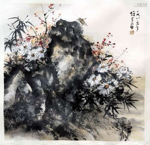 CHINESE SCROLL PAINTING OF FLOWER AND ROCK SIGNED BY LI MENG...